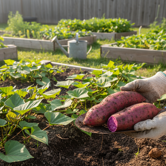 Harvesting fresh purple sweet potatoes in a backyard garden for tips on growing purple sweet potato