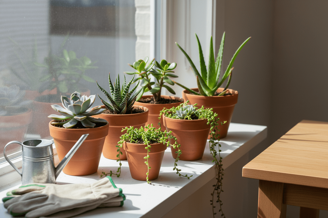 Growing succulents for beginners made easy with potted plants on a sunny windowsill and gardening tools nearby