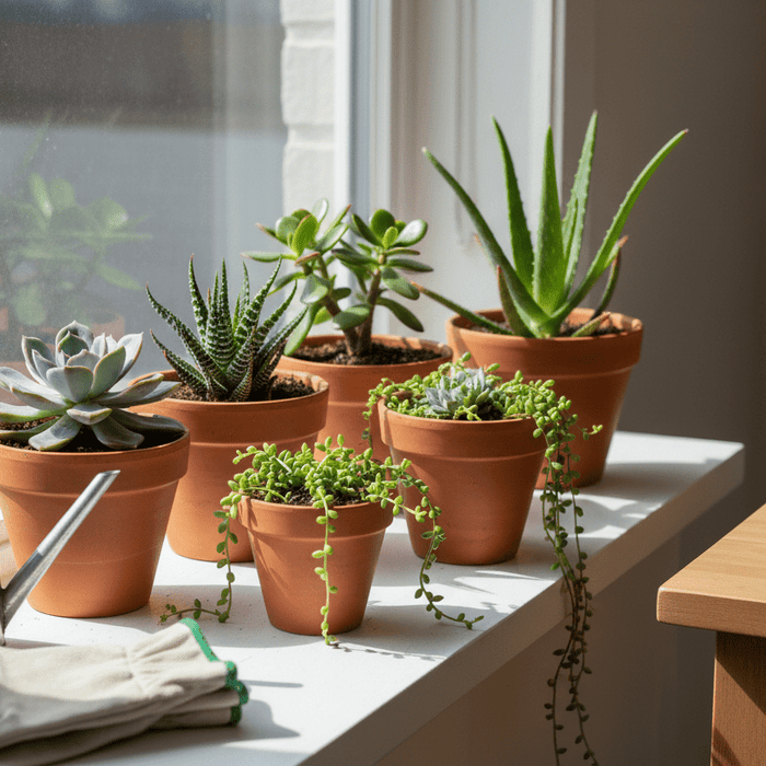 Growing succulents for beginners made easy with potted plants on a sunny windowsill and gardening tools nearby