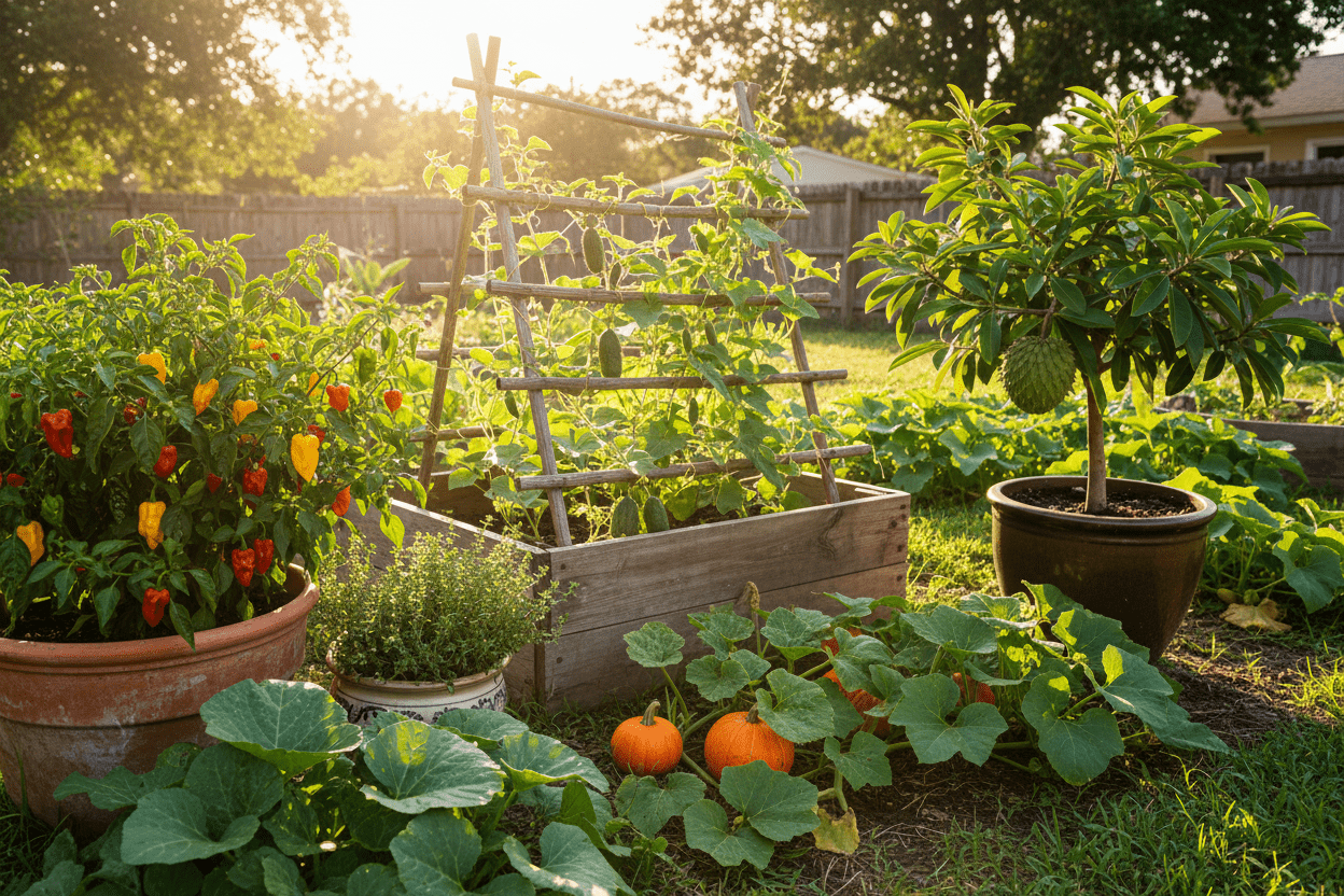 Thriving backyard vegetables and fruit grown from Caribbean garden seed for home gardeners and growers