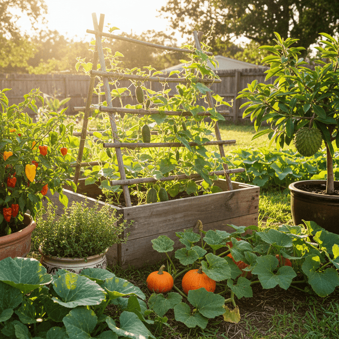 Thriving backyard vegetables and fruit grown from Caribbean garden seed for home gardeners and growers