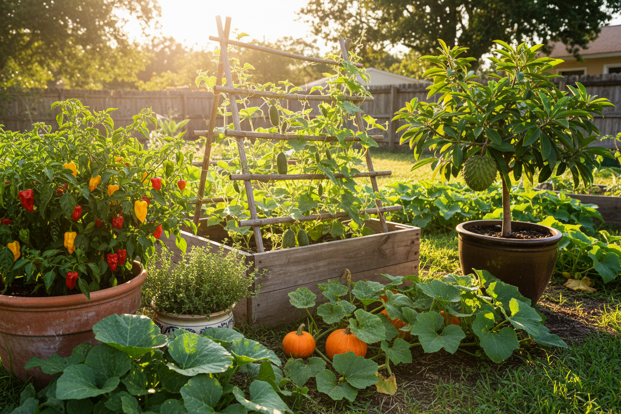 Thriving backyard vegetables and fruit grown from Caribbean garden seed for home gardeners and growers
