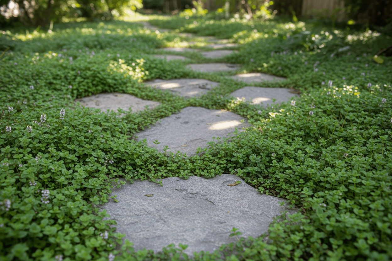 Corsican mint ground cover thriving between garden stepping stones for lush, low-maintenance landscaping ideas