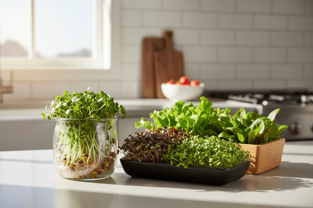 Fresh sprouting, microgreens, and baby leaf greens growing on a sunny kitchen counter for home gardeners