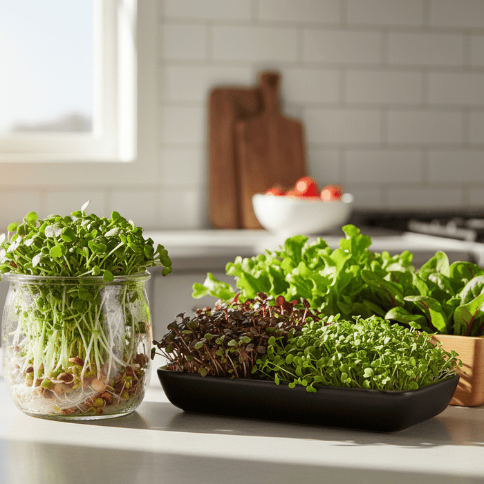 Fresh sprouting, microgreens, and baby leaf greens growing on a sunny kitchen counter for home gardeners