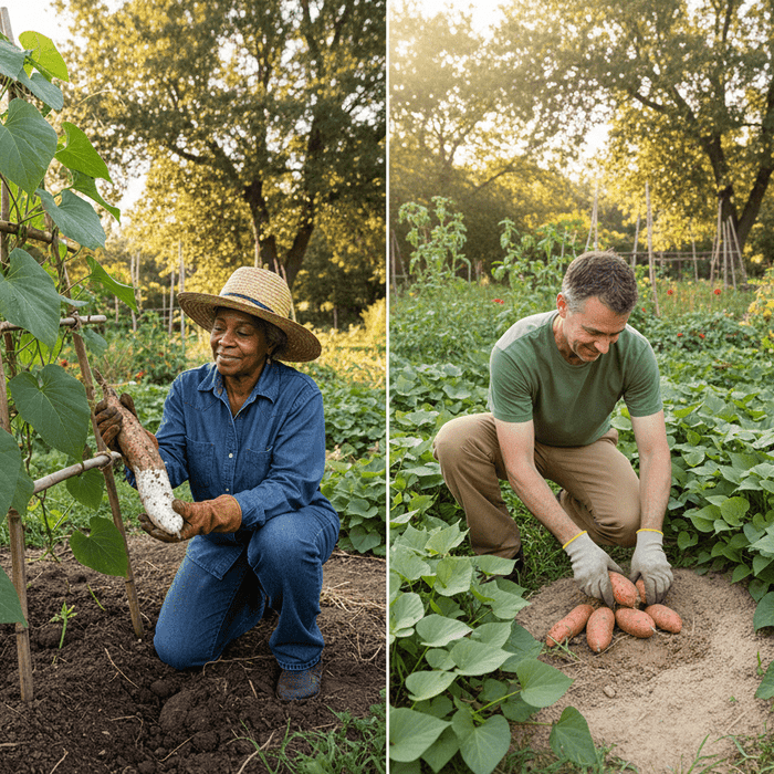 True yam vs sweet potato harvested by home gardeners in a thriving backyard garden setting