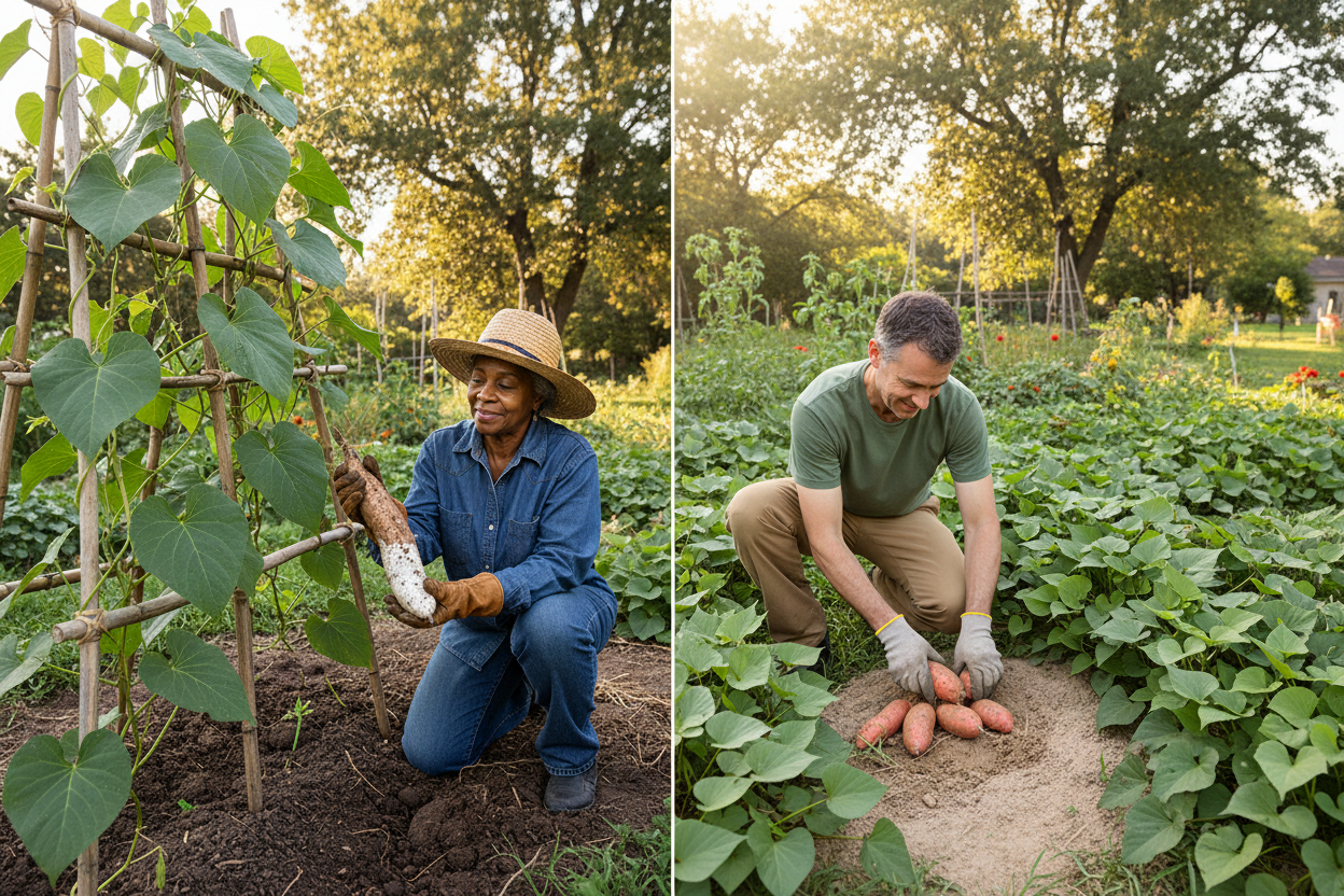 True yam vs sweet potato harvested by home gardeners in a thriving backyard garden setting