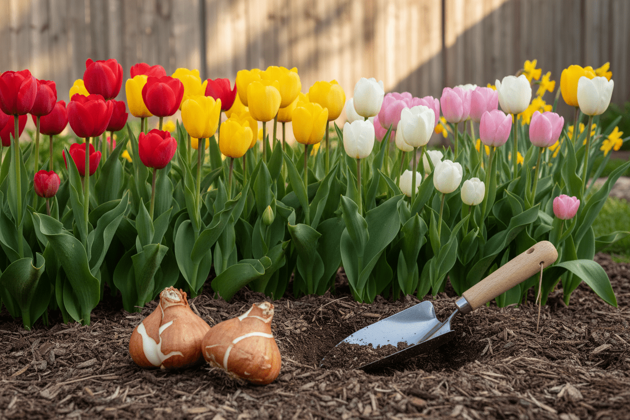 Colorful tulip bulbs ready for planting in a backyard garden for vibrant spring blooms