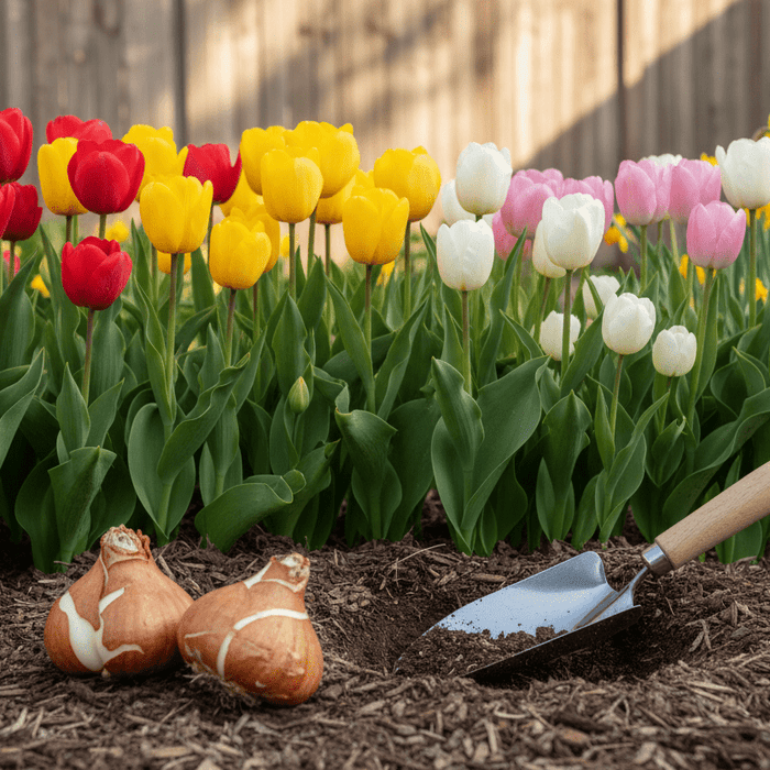 Colorful tulip bulbs ready for planting in a backyard garden for vibrant spring blooms