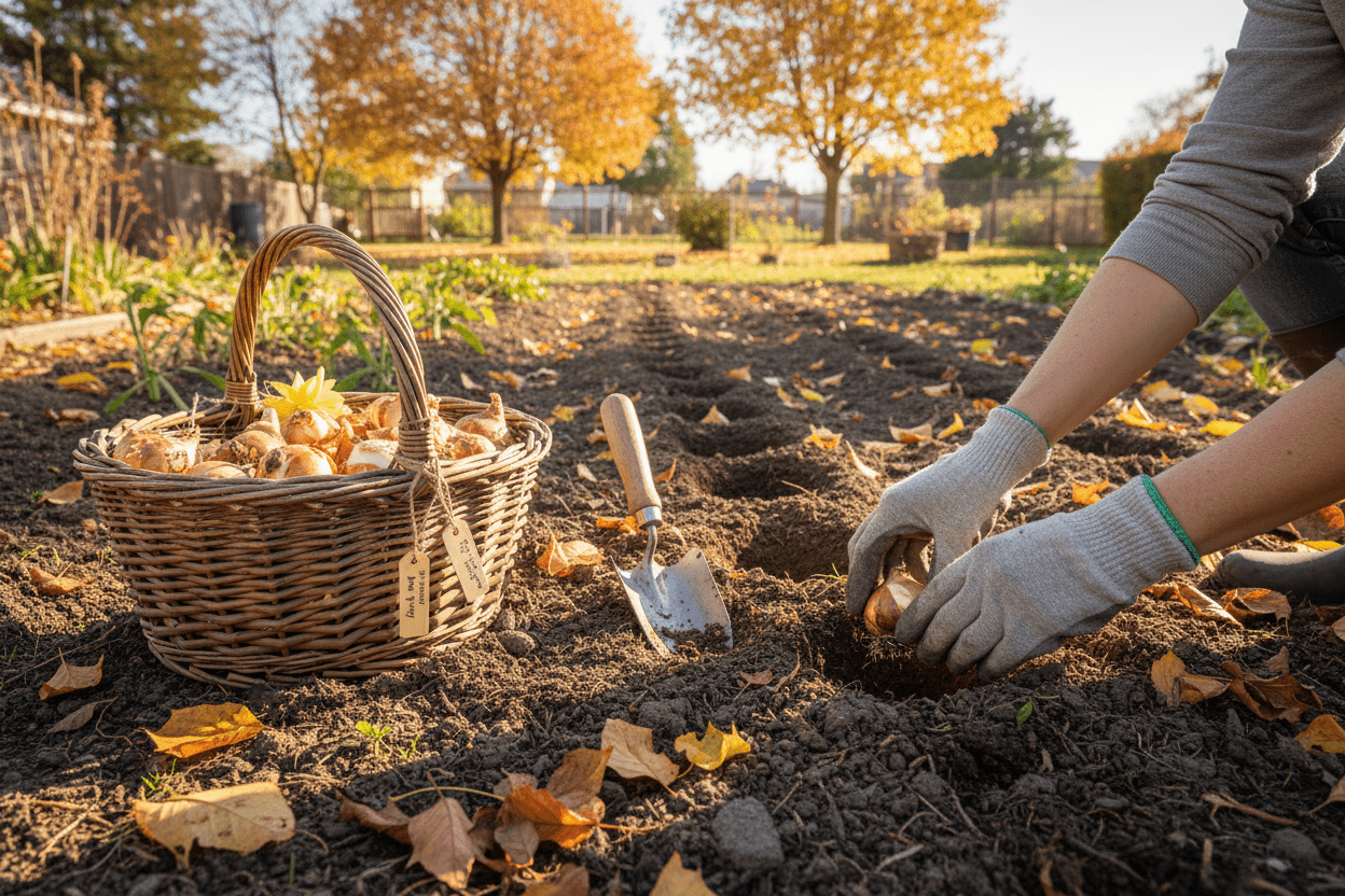 Gloved hands planting fall planting bulbs in a backyard garden with basket and trowel for seasonal blooms