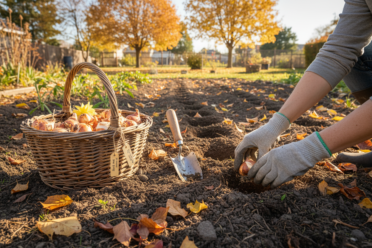 Gloved hands planting fall planting bulbs in a backyard garden with basket and trowel for seasonal blooms