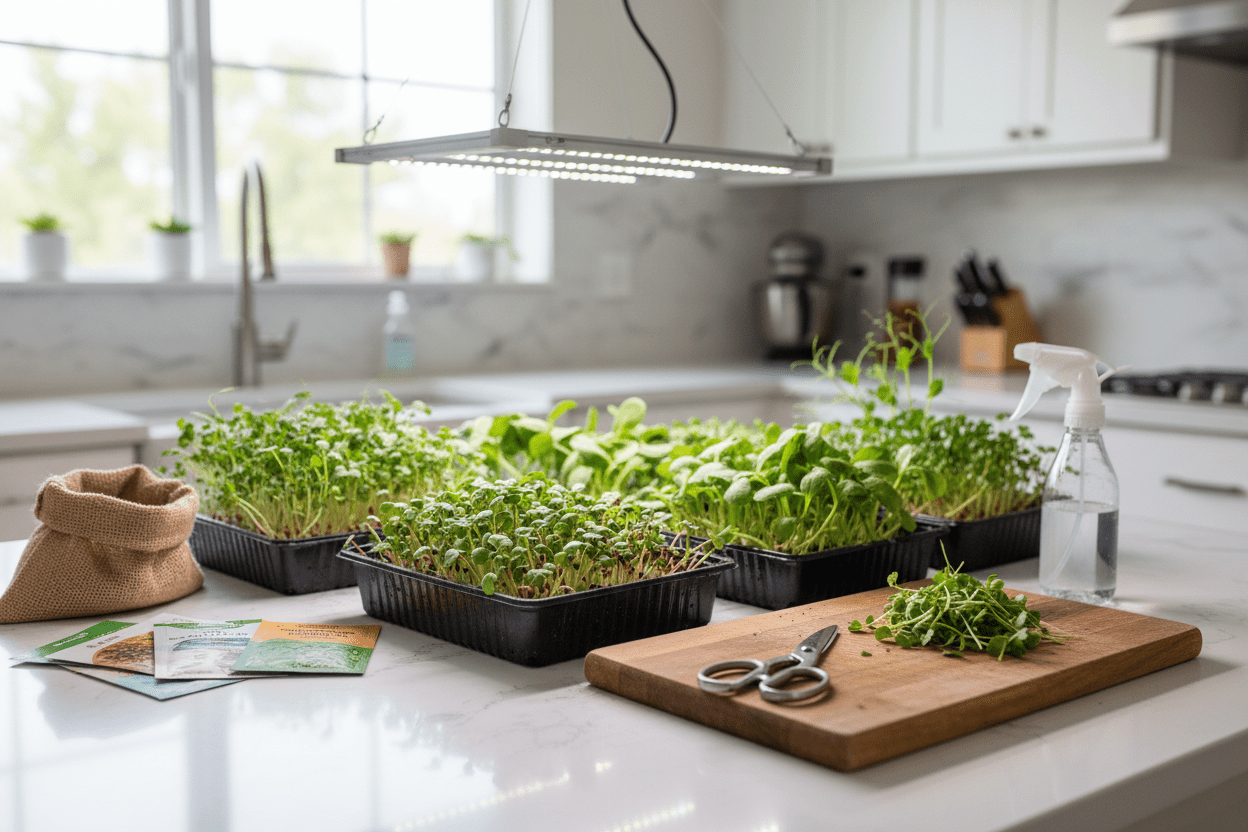 Microgreens cultivation techniques for home gardeners shown with indoor trays, grow light, and fresh harvest