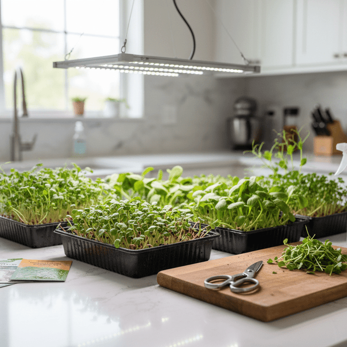 Microgreens cultivation techniques for home gardeners shown with indoor trays, grow light, and fresh harvest