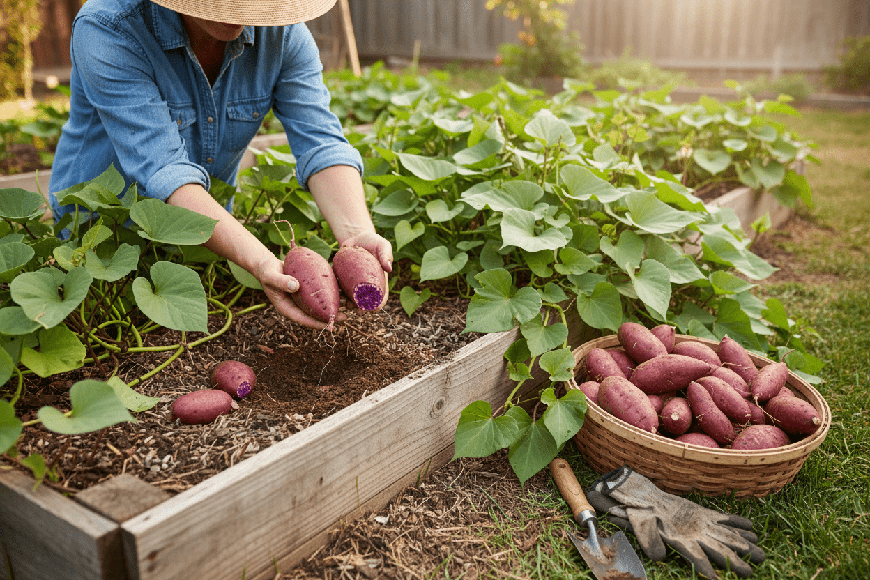 Home gardener harvesting purple sweet potatoes, highlighting purple sweet potato benefits for backyard gardens