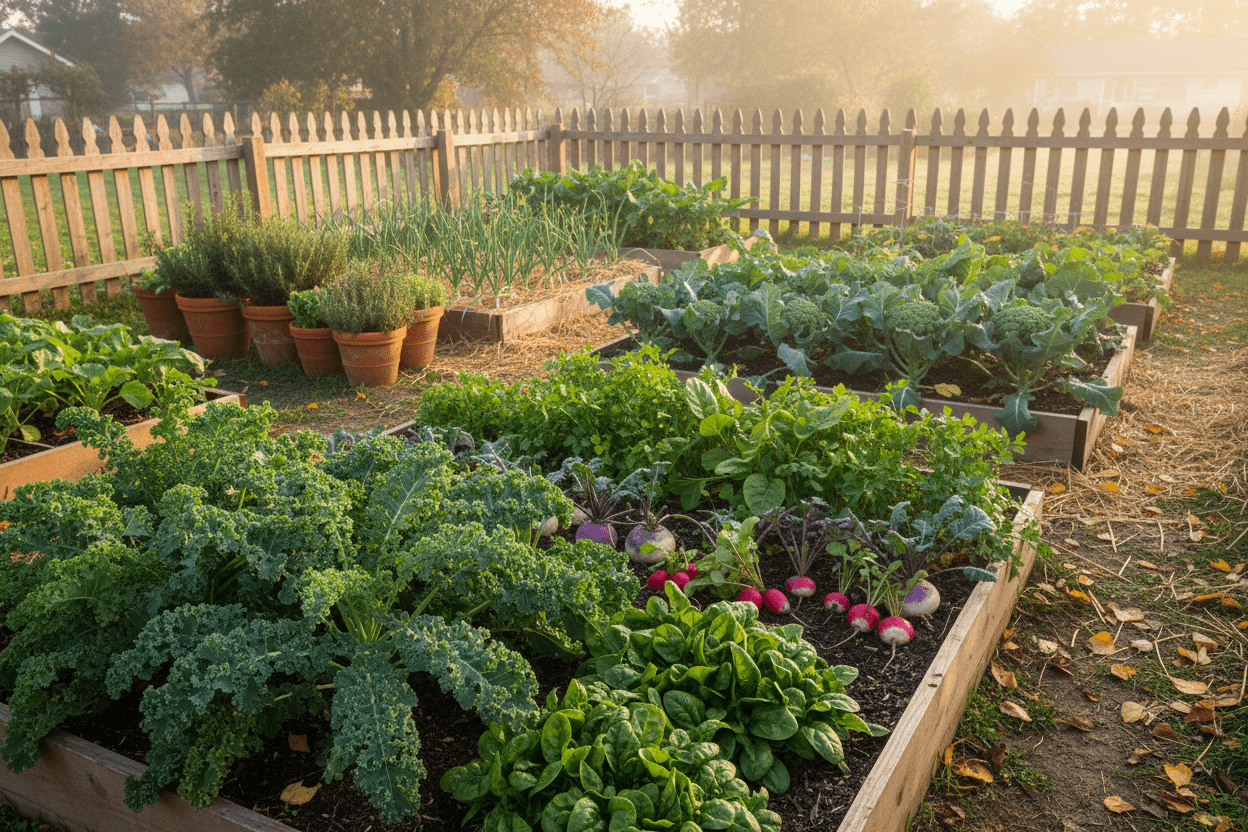 Raised beds with leafy greens and root vegetables show what to plant in September for home gardeners