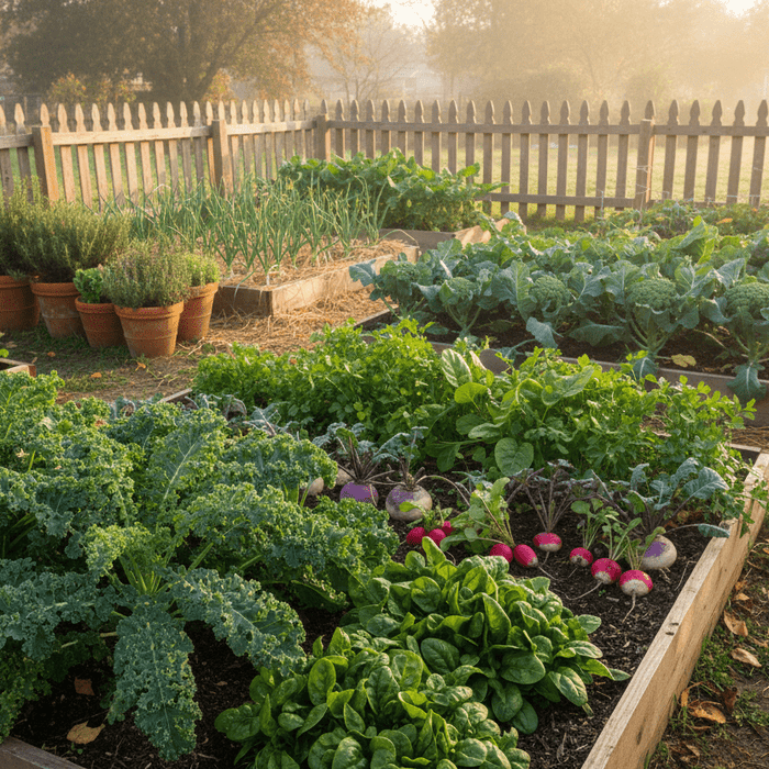 Raised beds with leafy greens and root vegetables show what to plant in September for home gardeners