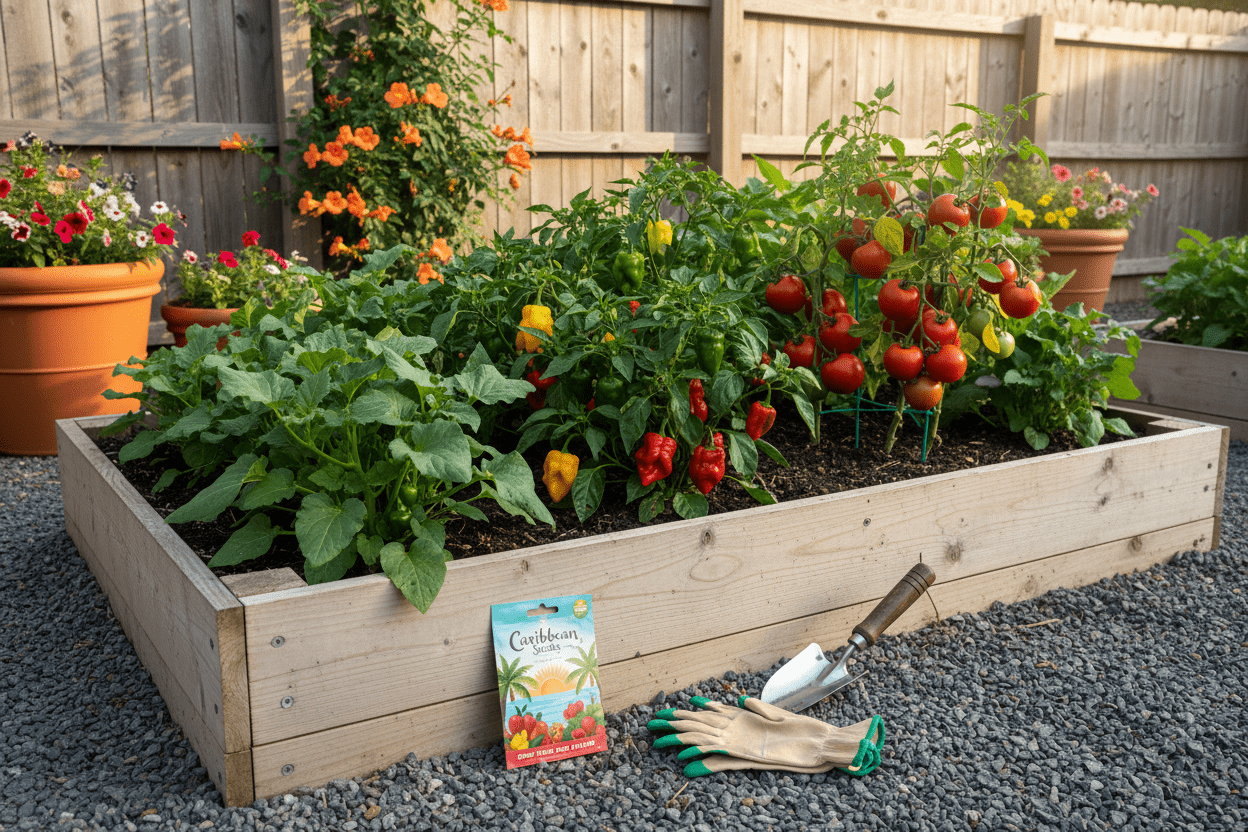 Caribbean seeds growing vibrant peppers and tomatoes in a raised backyard garden for home gardeners