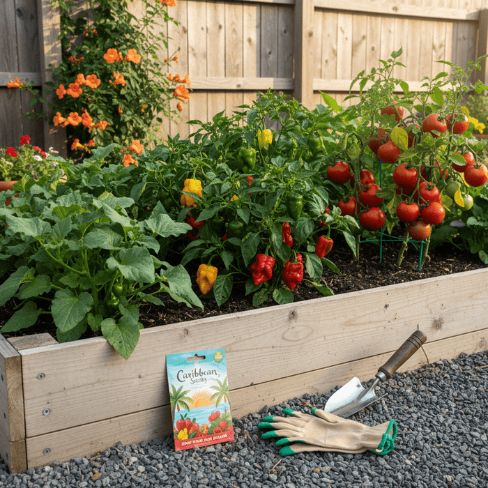 Caribbean seeds growing vibrant peppers and tomatoes in a raised backyard garden for home gardeners