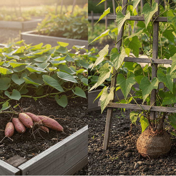 Yam vs sweet potato comparison in raised garden beds, showing growth differences for home gardeners