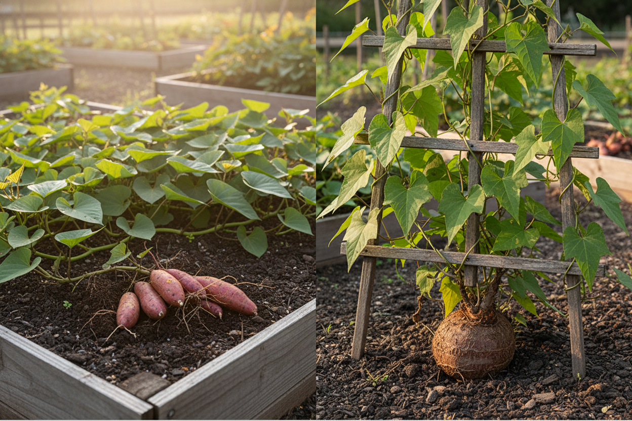 Yam vs sweet potato comparison in raised garden beds, showing growth differences for home gardeners