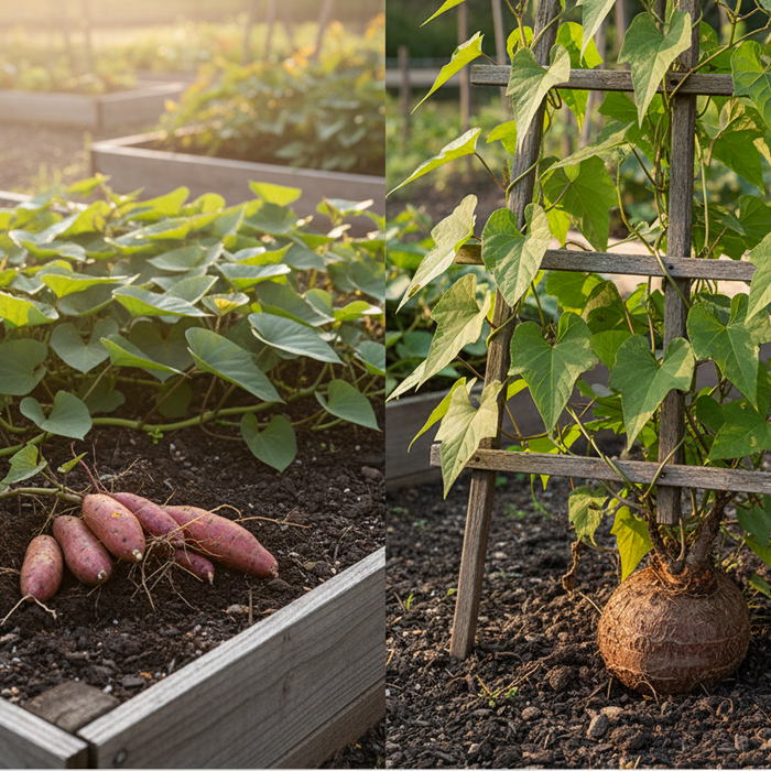 Yam vs sweet potato comparison in raised garden beds, showing growth differences for home gardeners
