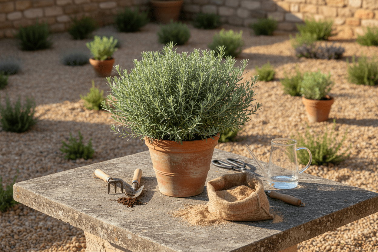 Curry plant care tips with potted curry plant, gardening tools, and soil for home gardeners