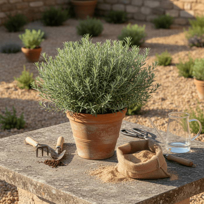 Curry plant care tips with potted curry plant, gardening tools, and soil for home gardeners