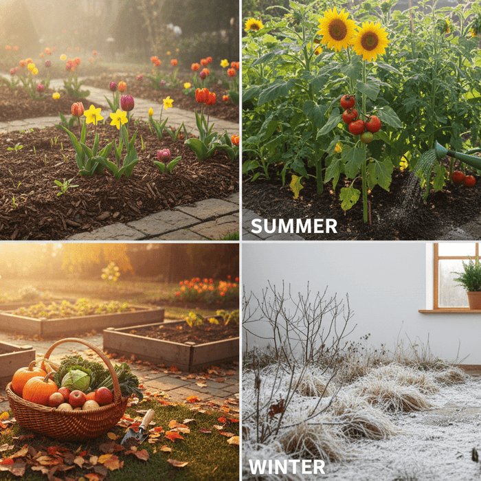 Seasonal plant care guide showing spring blooms, summer watering, autumn harvest, and winter garden preparation tips