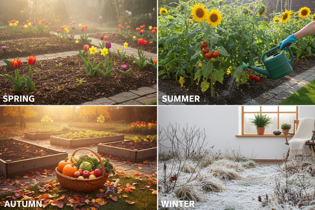 Seasonal plant care guide showing spring blooms, summer watering, autumn harvest, and winter garden preparation tips