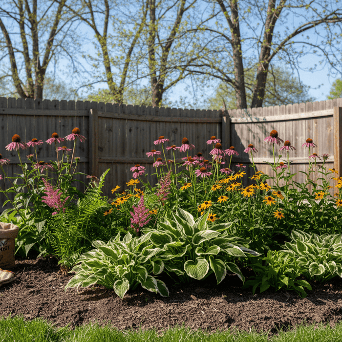 Colorful backyard flower bed with hostas and coneflowers for a growing perennial flowers guide