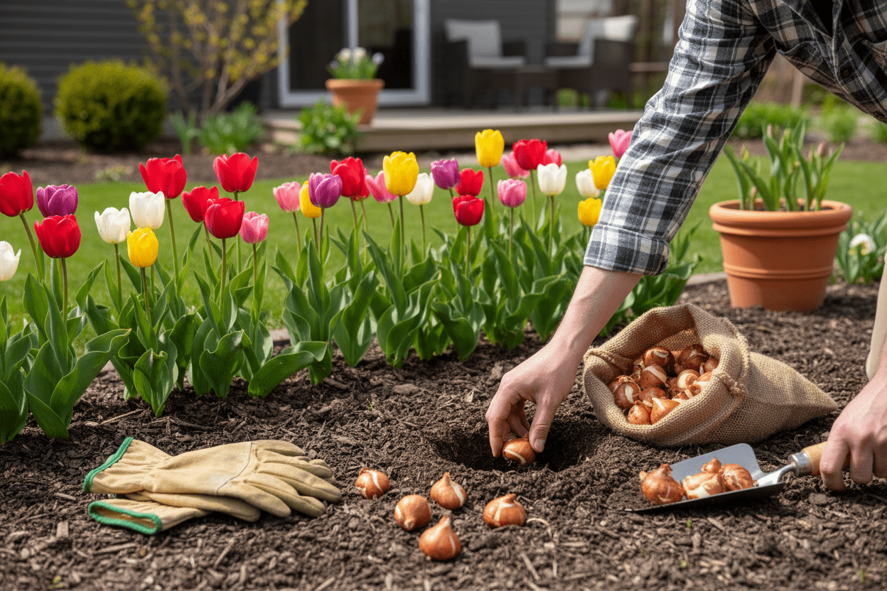 Home gardener following a tulip bulb planting guide for vibrant spring blooms in a backyard garden