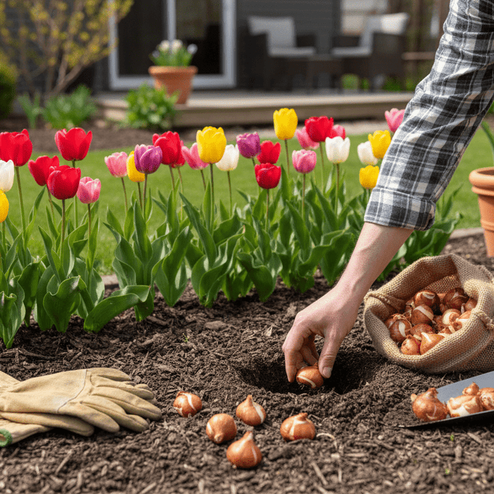 Home gardener following a tulip bulb planting guide for vibrant spring blooms in a backyard garden