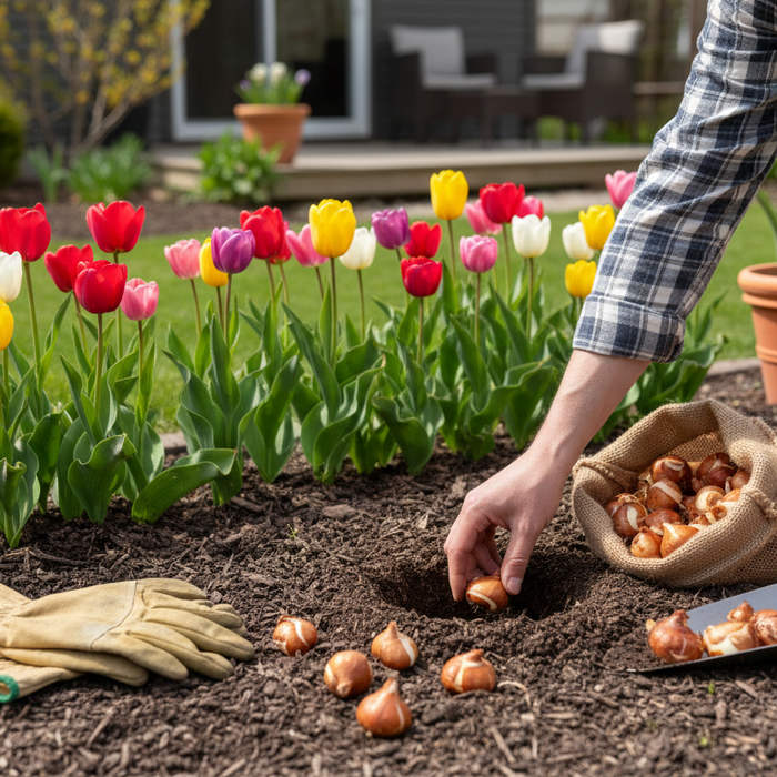 Home gardener following a tulip bulb planting guide for vibrant spring blooms in a backyard garden