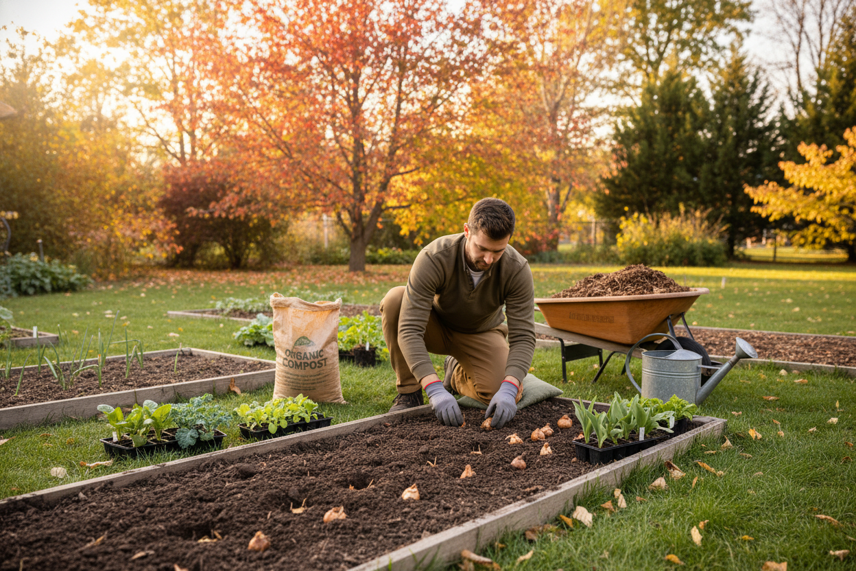 Home gardener preparing raised beds for fall planting with bulbs and organic compost in autumn garden
