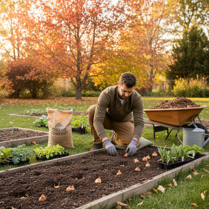 Home gardener preparing raised beds for fall planting with bulbs and organic compost in autumn garden