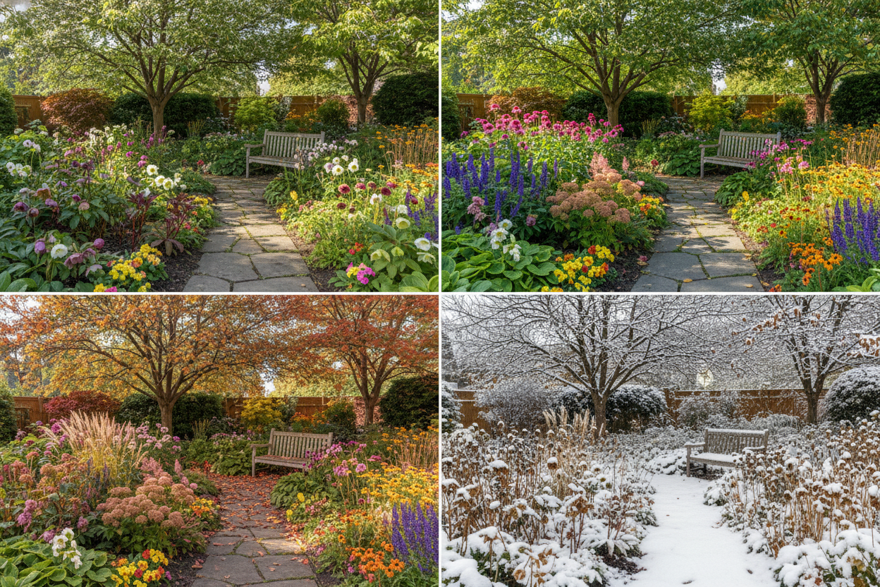 Perennial gardening guide showing a vibrant backyard garden through all four seasons for home gardeners