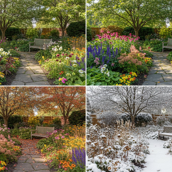 Perennial gardening guide showing a vibrant backyard garden through all four seasons for home gardeners